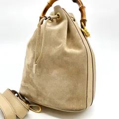 ✨良品✨ GUCCI グッチ 2way ショルダーバッグ トートバッグ 巾着型 バンブー ロゴ型押し ゴールド金具 総柄 肩掛け スエード レザー レディース ベージュ 肌色