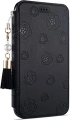 【特売】kanon 手帳型 フラワー スマホケース iPhone タッセル 女子 花柄 カードケース iPhone 11 5.ブラック