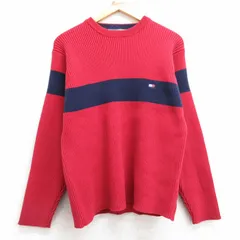 S/古着 トミーヒルフィガー 長袖 ブランド セーター メンズ 90s ワンポイントロゴ ツートンカラー コットン クルーネック 赤 レッド 25feb2