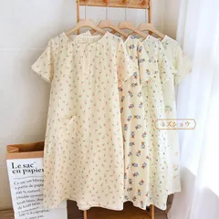 即購入OK ワンピース レディース パジャマ ダブルガーゼ 半袖 クルーネック ポケット ルームウェア 柄 ロング丈 旅館 温泉 入院 介護 綿 通気性良く涼しい 薄手 部屋着 夏 liangyi58☆DZ10