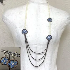 ハンドメイド インディアンビーズ ロングネックレス イヤリング セット ブルー ホワイト ブラウン