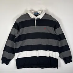 古着 90's/90年代 ポロバイラルフローレン Polo by Ralph Lauren ラガーシャツ スウェット 長袖 ボーダー ロゴ刺繍 XL  ブラック メンズ
