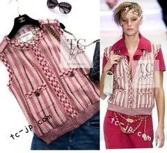 CHANEL - シャネル ベスト トップス CHANEL 美人見え ベージュ レッド 赤 スパンコール 麻リネン ニット ランウェイ登場 ジレ カール作品 超美品 38 シャネル ベスト トップス CHANEL 美人見え ベージュ レッド 赤