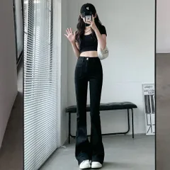 ☆ ブラック ☆ XL(29) ☆ フレアパンツ レディース デニム フレアパンツ レディース デニム デニムパンツ ジーパン ジーンズ ベルボトム ストレッチ 伸縮性 ブーツカット ボタン ファスナー 薄手 ポケット カジュアル ナチュラル きれいめ