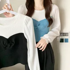 ニットソー ショート丈 リブ ビスチェレイヤード風 袖シフォン 透け感 異素材