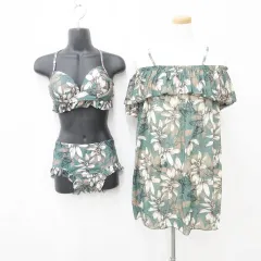 水着 セパレート ビキニ キャミキニ 3点セット フリル 花柄 蝶柄 グリーン ベージュ ブラウン ブラック M