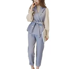 [Takusan Shopping] フォーマルスーツ レディース ママスーツ セットアップ 着痩せ セレモニー かっこいい 結婚式 vネックジャケット ベスト (JP, アルファベット, XL, ブルー) [ブルー] [XL]