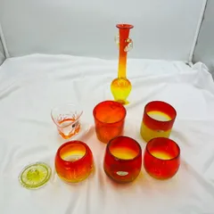 【❗️✨手作り✨❗️】沖縄 琉球ガラス　赤オレンジ系アソート7点 花瓶付き インテリアに