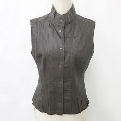 ヒロコビス HIROKO BIS ベスト スタンドカラー 前明き レザー 豚革 パッチワーク 茶 ブラウン 9のサムネイル