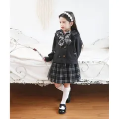 ☆ グレー ☆ 140cm ☆ モニカ上下セット（リボンブローチセット） キッズ スーツ 入学式 女の子 セットアップ 10002287 フォーマルスーツ 上下セット 子ども 入園式 卒園式 発表会 七五三 上品 チェック柄 タータンチェック