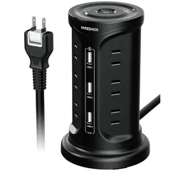 電源タップ タワー型 usbコンセント 延長コード 2m 雷ガード 固定パーツ付 3層 12個AC口 3個USBポート たこ足配線 テーブルタップ OAタップ マルチタップ たこあしコンセント 壁掛け 安全保護機能 自宅用 会社用 1年間品質 ブラック N 1
