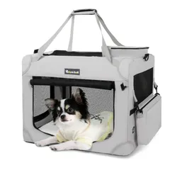 犬 折りたたみ 車用ケージ キャリーケース 5面メッシュ ロック付き キャリーバッグ 給水ボトルバンド付き 猫 小型犬・猫2匹7kgまで『車載、旅行、避難、アウトドア、帰省で活用！』 キャリー (ライトグレー S（50L ソフトクレート小型犬 x 犬用キャリー