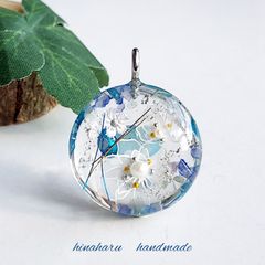 ぷっくりサークル＊花柄ネックレス(ブルー)