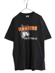 【お得なクーポン配布中!】 90s HOOTERS 両面 プリント 半袖 Tシャツ メンズ XL オールド 企業 当時物 キャラクター イラスト シングルステッチ ブラック 大きいサイズ