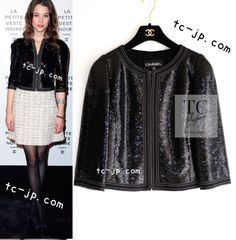 シャネル ジャケット CHANEL 91万 ブラック スパンコール クロップ パーティー キーラナイトレイ カール・ラガーフェルド作品 超美品 34 36