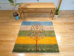 母の日限定＆メルカリ限定】ペルシャ　ギャッベ　パルヴィーズ　コルクウール　カシュクリ　105x100cm　ビタミンカラー　風景　RJ14410
