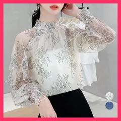 【スタッフおすすめ！】 シアートップス レディースレースブラウス 上品 きれいめ春服/フラワーブラウス柄/シースルーチュール フリル フレアトップス 透け感 肌見せ おすすめ おしゃれ　かわいい　人気 84YWEID-001