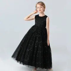 ☆ ブラック ☆ 130センチ ☆ 子供ドレス 発表会 bx683 ドレス 子供 ピアノ 発表会 女の子 ロングドレス ノースリーブ パーティードレス 子ども服 フォーマル 子供ドレス コンクール プリンセス こども 子ども キッズ ジュニア 入学式 結婚式のサムネイル