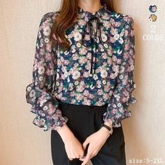 ボウタイ花柄ブラウス きれいめ レディース春夏シャツ ス 長袖 シフォン 花柄 フラワー フリルブラウス デイリー 通勤大人 フェミニン