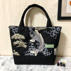 和柄ミニトートバッグ 鯉柄 ブラック ハンドメイド メンズ レディース ストリート ハンドバッグ
