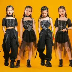 ダンス キッズ 衣装 上下セット ダンス衣装 子供 セットアップ ヒップホップ HIPHOP 女の子 半袖 トップス へそ出し パンツ 黒 スカート ステージ衣装 練習着 応援団 体操服wushang02
