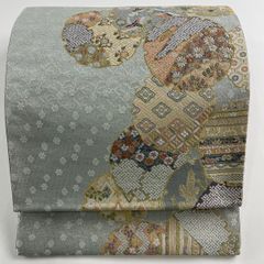 袋帯 美品 名品 夏帯 絽 菱 花 唐織 金銀糸 灰色 六通 正絹