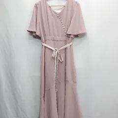 ◇ ⊂ EMMA FLORES ウエストリボン付き Ｖネック 半袖 ロング丈 ワンピース サイズLL ピンク ホワイト系 レディース E  【1502180038020】