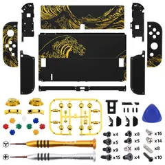 Color:神奈川沖の金色の波ブラック 本体ではない-eXtremeRate switch oledに対応用パターン柄バックプレート&PCスイッチ 背面スタンド、switch 有機elに対応用スイッチ ジョイコンハンドヘルドコントローラーハウジング、キックスス