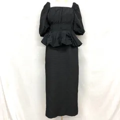 LAGUNAMOON LADYタックペプラムドレス 5分袖 タフタトップス×ジャガードスカート スクエアネック セットアップ風ワンピース ブラック S 結婚式 二次会