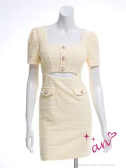 イエロー [AOC 3565-Y-2310] an/アン/ ワンカラー/ ツイード/ 半袖/ 袖あり/ スクエアネック/ パールボタン/ セットアップ風/ ウエストカット/ タイト/ ミニドレス/ キャバドレス/ワンピース/ mini dress