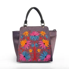 ハンドバッグ 牛革 シルク刺繍 カシミール伝統工芸 ベルベット調 花柄 トートバッグ 高級感 大容量 一点物 カラフルデザイン レディース 本革 刺しゅう ハンドメイド ボタニカル アートバッグ 個性派 エスニック風 上品 可愛い おしゃれ