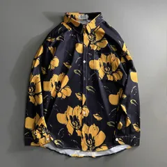 《新品・未使用》ブラックベース×イエローフラワー柄ゆったりカジュアル長袖シャツ(K)