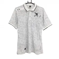 【美品】オークリー 半袖ポロシャツ 白×グレー 総柄 ティー装着可 スカル メンズ XL ゴルフウェア Oakley