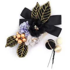 髪飾り 成人式 つまみ細工 振袖 前撮り 袴 2点セット 花 リボン 黒 ブルーグレー 灰色 青紫 ベージュ 茶 レース 玉飾り パール No.12-0519