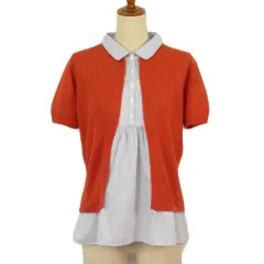 ヒューマンウーマン HUMAN WOMAN カットソー ドッキング ニット ストライプ リネン コットン 2 青 ブルー