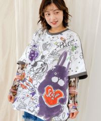 ScoLar（スカラー）ラビルとフクミンらくがき風 バイカラープルオーバー　オフホワイト、チャコールグレー、イエロー　152626