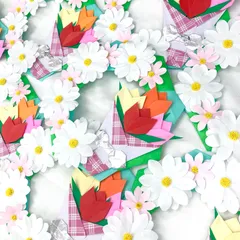 折り紙　ミニ薔薇18枚　葉っぱ23枚　春壁面　リース素材　受注作成 折り紙ミニ薔薇18枚葉っぱ23枚春壁面リース素材受注作成