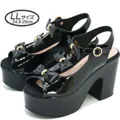 ☆新品未使用☆LLサイズ 24.5cm-25cm ヨースケ YOSUKE 厚底サンダル レディース ブラックエナメル リボン バックベルト 黒 MY0307