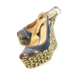 セルジオロッシ Sergio rossi スリングバックサンダル ウェッジソール プラットフォーム ジュート エスパドリーユ キャンバス レザー 革 ステッチ 35.5 22.5cm 紺 ネイビー /CK22 ■GY18