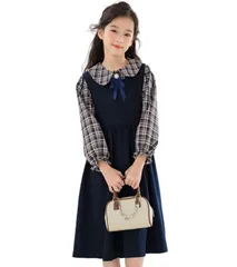 ネイビー_150 [YY-Natuhi] 子供服 女の子 ワンピース ドレス セットアップ ブラウス シャツ サロペット 格子柄 長袖 キッズ ガールズ カジュアル フォーマル 120-170cm 春秋冬 通学 発表会 入学式 普段着 (150)