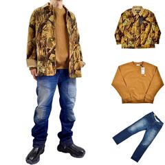 NEIGHBORHOOD ネイバーフッド ツリー カモ 迷彩 コーデュロイ カバーオール Mサイズ × carhartt wip カーハート ロゴ ダック ブラウン 前V スウェット × G-Star RAW ジースター ペイント アシメ 3Dバイカージーンズ