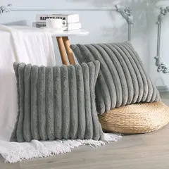 Soleebee クッションカバー ファー フェイクファー 45×45cm 2枚セット ベルベット ふわふわ もふもふ 柔らかい もこもこ 北欧 かわいい おしゃれ ストライプ 高級な装飾枕カバー ソファ背当て 座布団カバー 車用背当て インテリア飾り (グレ
