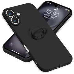 ZHUAZHULE iPhone16 Plus ケース リング付き シリコン アイフォン16Plus スマホケース スタンド機能 カバー 耐衝撃 レンズ保護 360°回転 車載ホルダー ストラップホール付き 滑り止め 指紋防止 薄型 （ブラック） 0