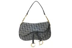 ChristianDior クリスチャンディオール トロッター ダブルサドルバッグ キャンバス レザー ネイビー ゴールド 美品 中古 4b001263