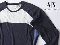 中古品★ARMANI EXCHANGE アルマーニ エクスチェンジ★３色切替クルーネック長袖Tシャツ★L★ネイビー紺ホワイト白ブルー青【本物保証】