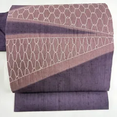【美品】 名古屋帯 秀品 紬地 幾何学模様 刺繍 紫 正絹 【中古】