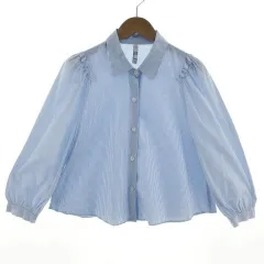 ザラ トラファルック ZARA Trafaluc シャツ フリル クロップド丈 七分袖 バルーンスリーブ ストライプ ブルー 青 ホワイト 白 XS