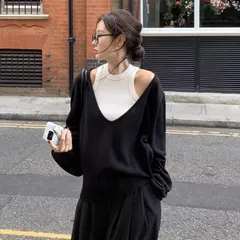 秋季 バックホール タンクトップ + Vネック ニット セットアップ レディース オシャレ シンプル M250228-1047