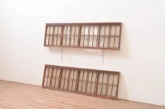 建具　格子　書院欄間　2枚組　すりガラス付き(おまけ) 変わりデザイン!! 彫刻と縦格子にスリガラスを合わせた欄間