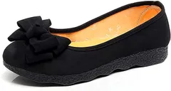 Beaumens(ビューメンス) バレエシューズ やわらか レディース 大人 パンプス 歩きやすい 上履き スエード スウェード 調 エナメル スクエアトゥ リボン モチーフ ストラップ ヒール 厚底 4e 幅広(ブラック,  23.0 cm)